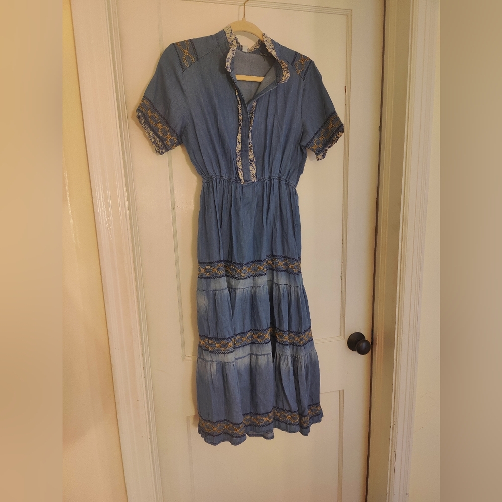 Lapis Tiered Ruffle Embroidered Prairie Dress